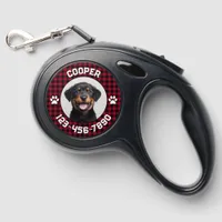 Modern Minimalist Red Tartan Plaid Photo Name Retractable Pet Leash