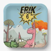 Roarsome Dino Birthday, Cute Cartoon Dino Paper Plates