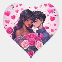 Cute Bi-Racial Anime Valentine's Day Heart Sticker