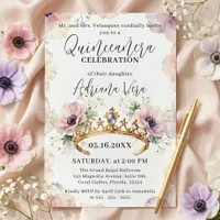 Blush Pink Anemone Gold Princess Tiara Quinceañera Invitation
