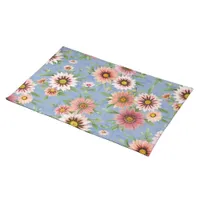 Pink Daisies Pretty Floral Pattern on Blue Cloth Placemat