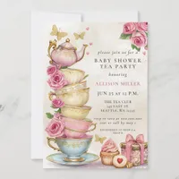 Rustic Blush Rose Gold Tea Party Baby Shower  Invitation