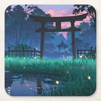 Tranquil Fireflies - Japanese Garden Square Paper Coaster