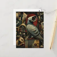 surreal surveillance camera pigeons in the library postcard