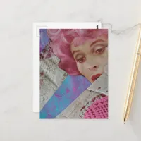Pink Hair Retro Lady Mixed Media Collage Postcard