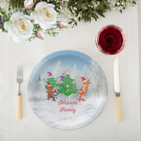 Cartoon Animals Dancing Around the Christmas Tree Paper Plates