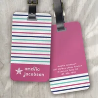 Pink Teal Stripe Star Girly Monogram Luggage Tag