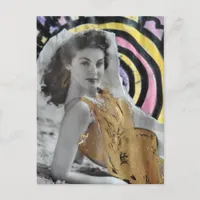 Woman in 1939 on the beach collage art postcard