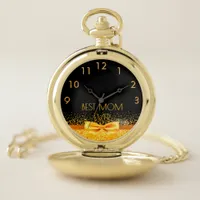 Mother mom black gold bow pocket watch