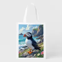 Cute Puffin on the Seashore themed Grocery Bag