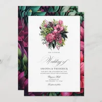 Fuchsia, Emerald Green and Black Floral Wedding Invitation