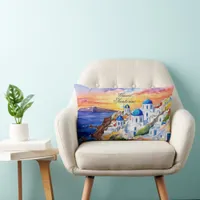 Greece Santorini Watercolor Sketch Aegean Sea |  Lumbar Pillow