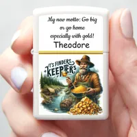 A gold miner happily finds treasure by a riverbank zippo lighter