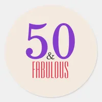 50th and fabulous purple classic round sticker