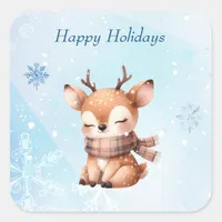 Cute Cartoon Deer in Snow Square Sticker