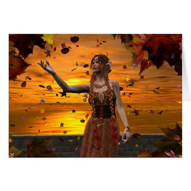 Elf in Falling Leaves Against an Autumn Sunset