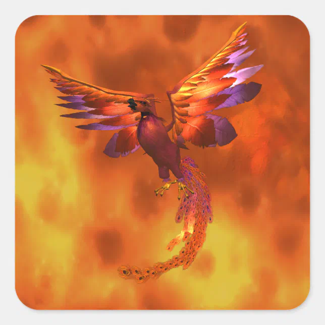 Colorful Phoenix Flying Against a Fiery Background Square Sticker