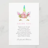 Floral Rainbow Unicorn Girl Baby Shower Thank You