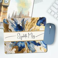 Modern Blue & Gold Liquid Watercolor Abstract Mouse Pad