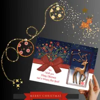 Cute Reindeer Red Bow Blue& White Holiday Card