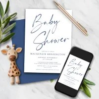 Modern Blue Simple Handwritten Script Baby Shower Invitation