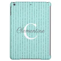 Stylish Teal Blue Glitter Stripes Monogram Case For iPad Air