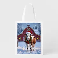A Festive Cow in Santa Hat Country Christmas  Grocery Bag