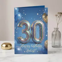 Elegant Blue Gold Sparkly Balloons 30th Birthday Card