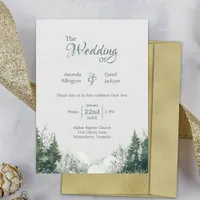 Rustic Pine Trees Winter Green and White Wedding Invitation