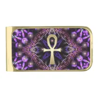 Mystical Purple Golden Ankh Fractal Tapestry Gold Finish Money Clip