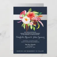 navy and silver watercolor flowers wedding invitation