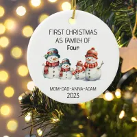 First Christmas Family of Four 4 Snowmans Holiday Ceramic Ornament