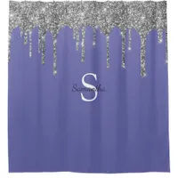 Chic Silver Glitter Drips Monogram Name Periwinkle Shower Curtain