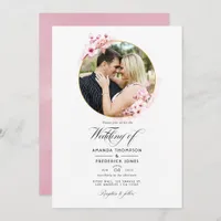 Geometric Pink Cherry Blossom Spring Wedding Photo Invitation