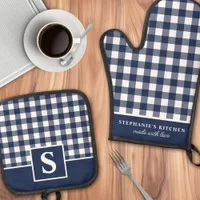 Navy Blue Gingham Plaid Checkered Monogrammed Oven Mitt & Pot Holder Set