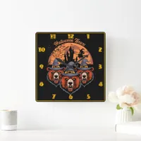 Halloween bears with witch and castle square wall clock