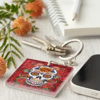 Sugar Skull Pink Red Roses Holidays Keychain