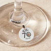 Hello 70 Black & White Dots Photo & Name Birthday Wine Charm