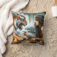 Native American Woman Interacting With Tiger Throw Pillow