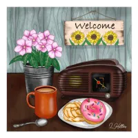 Welcome, Sunflowers, Donuts and Coffee Photo Print