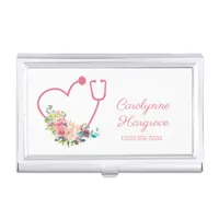 Pink Floral Stethoscope Heart Medical Caregiver Business Card Case