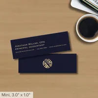 Simple Navy Blue Gold Logo Mini Business Card