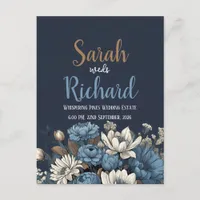 Elegant Navy Blue Floral Wedding Invitation Postcard