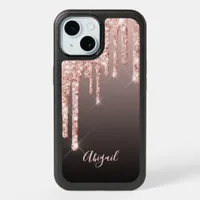 Rose gold brown black glitter drips name iPhone 15 case