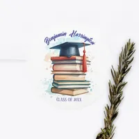 Watercolor Graduation Cap with Book Stack Classic Round Sticker