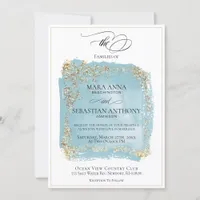 *~* Antique Blue Abstract  Gold Glitter Wedding Invitation