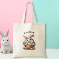 Cute Cartoon Easter Bunny in a Basket Personalized Tote Bag