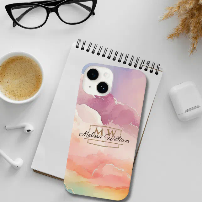 Watercolor Clouds Black Gold Monogram Name Script iPhone 14 Case