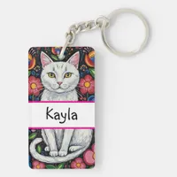 White Cat in Colorful Folk Art Flowers Personalize Keychain