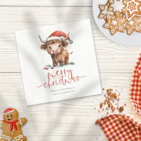 Cute Santa Hat Highland Cow Name Merry Christmas Napkins